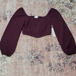 Kirious Los Angeles Maroon Suede Look Smocked Back Long Sleeve Crop Top - Sz XS